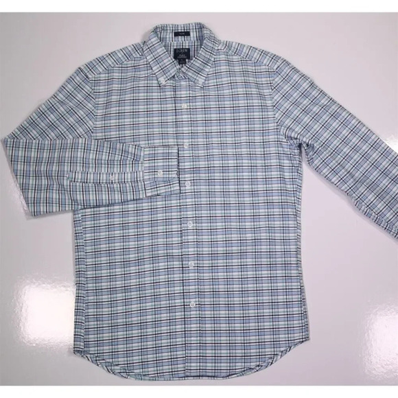 J. Crew Flex Oxford Slim Green/Blue/White Plaid Check Button-Up Shirt~ Small New - Picture 2 of 8
